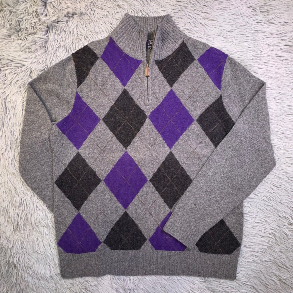 J.Crew Mens Large Lambswool Argyle Quarter Zip Sweater Elbow Patches Gray Purple - Picture 9 of 10